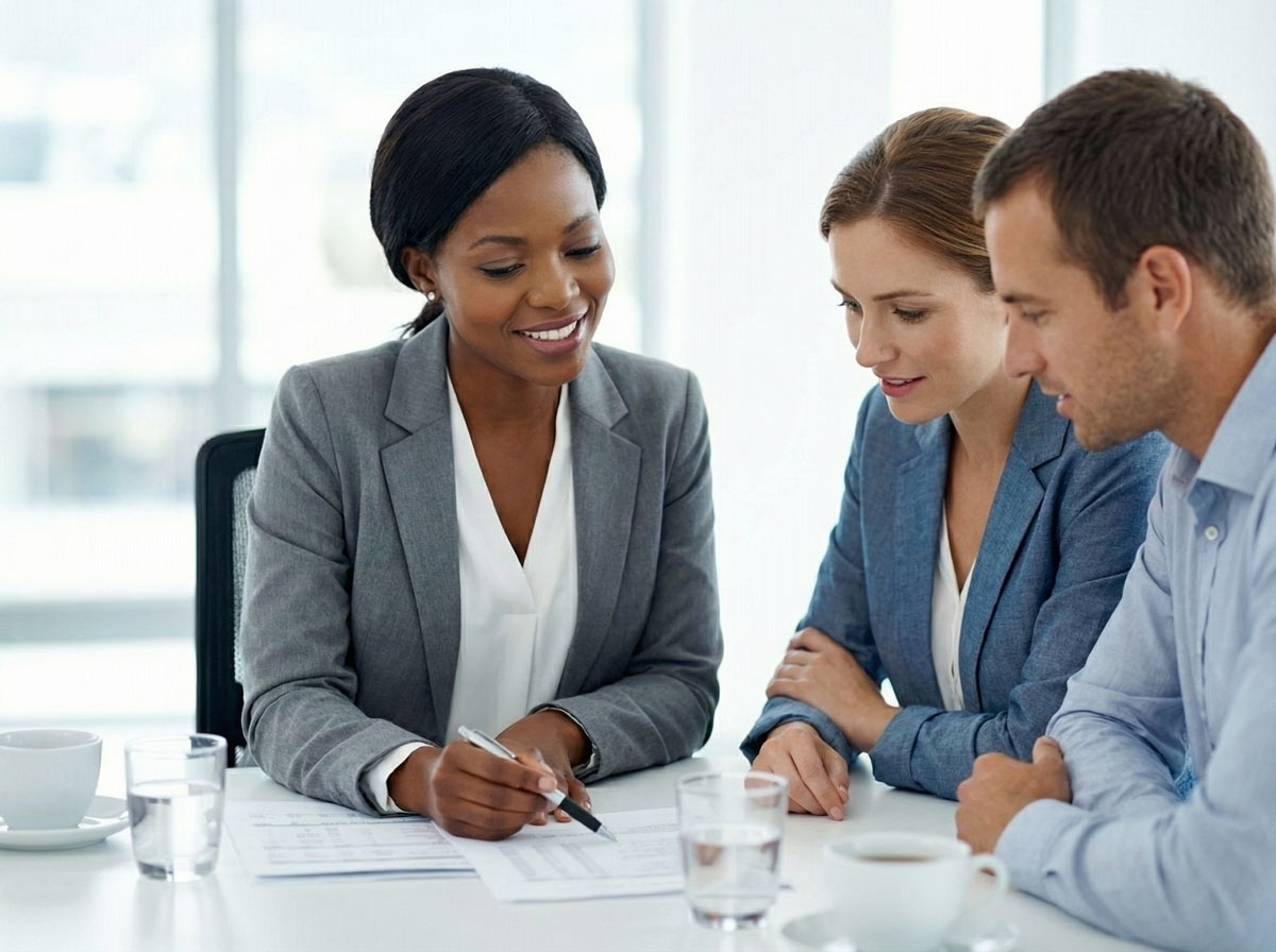 Professional accountant reviewing financial documents with clients