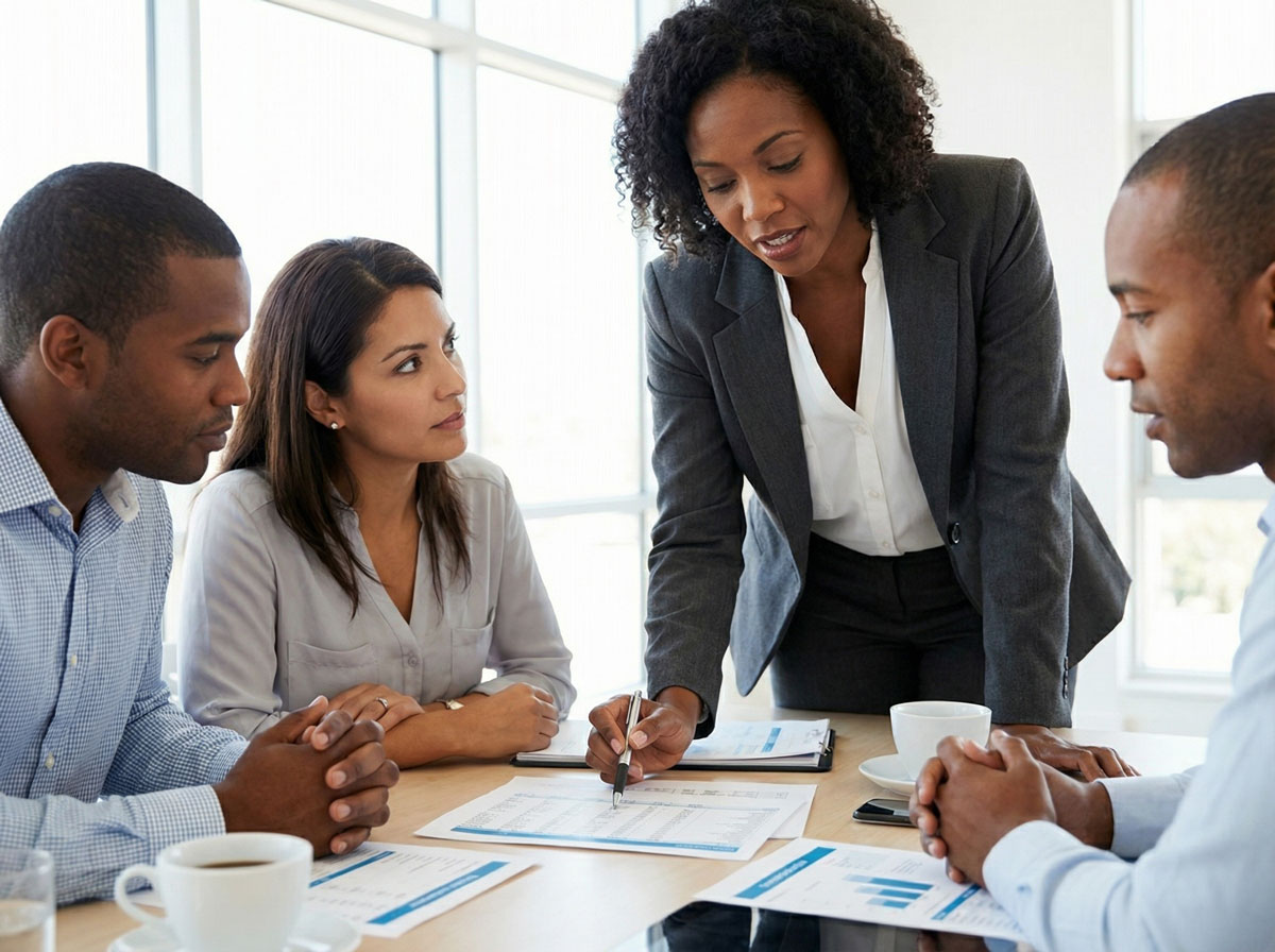 Accountant presenting financial reports to clients in a professional meeting
